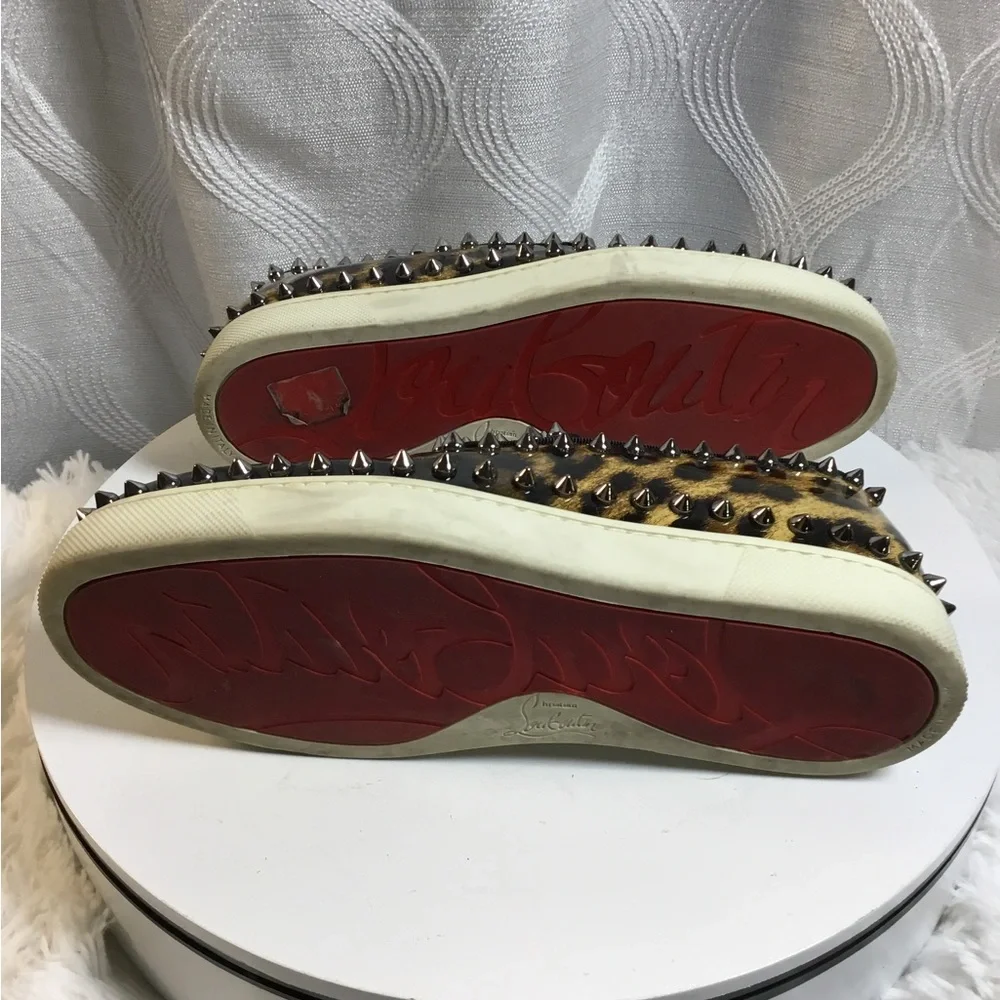 Christian Louboutin Black Patent & Leopard Spike Trim Slip-On Sneakers